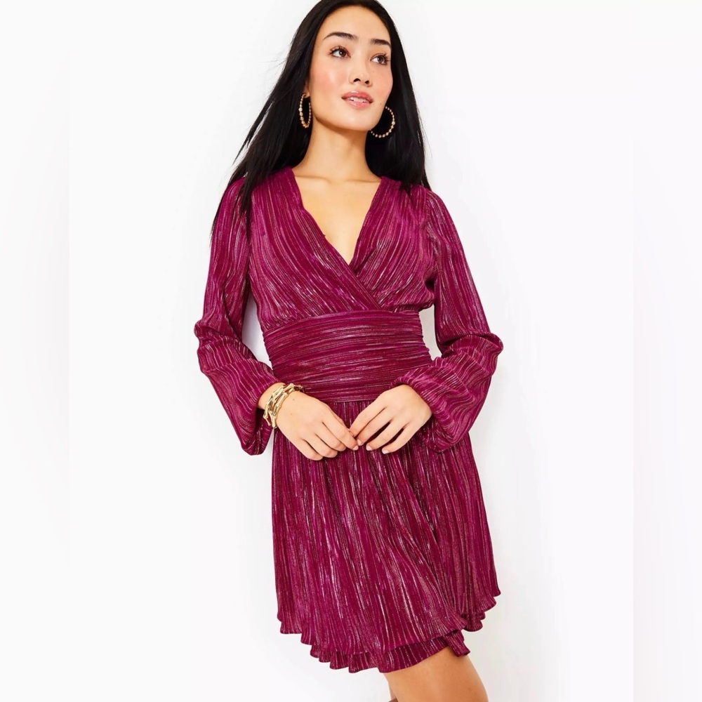 Lilly Pulitzer Metallic Fuchsia Pleated Wrap Long-Sleeve Dress